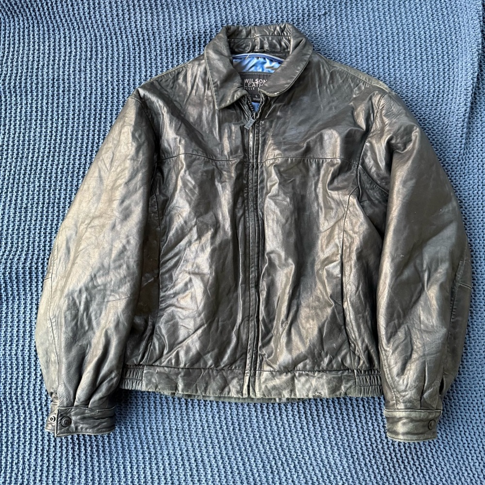Vintage Wilsons Leather Pelle Studio Mens Sz L Black Bomber Full-Zip Coat Jacket